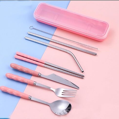 4 Colors Portable Travel Utensils with Case, Reusable Stainless Steel Cutlery Include Knife Fork Spoon Straw for Travel Camping Office in Saudi Arabia