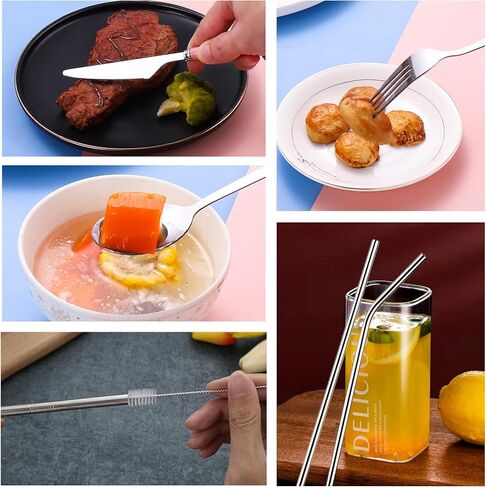 4 Colors Portable Travel Utensils with Case, Reusable Stainless Steel Cutlery Include Knife Fork Spoon Straw for Travel Camping Office in Saudi Arabia