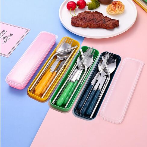 4 Colors Portable Travel Utensils with Case, Reusable Stainless Steel Cutlery Include Knife Fork Spoon Straw for Travel Camping Office in Saudi Arabia