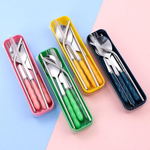 4 Colors Portable Travel Utensils with Case, Reusable Stainless Steel Cutlery Include Knife Fork Spoon Straw for Travel Camping Office in Saudi Arabia