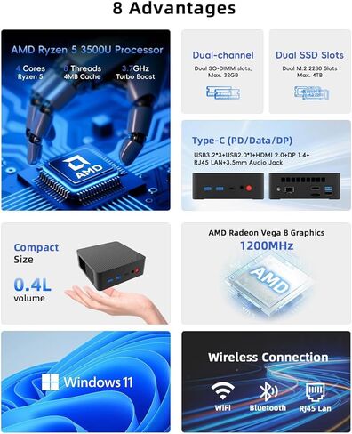 جهاز كمبيوتر صغير Barebone AMD Ryzen 5 3500U (4C/8T، حتى 3.7 جيجا هرتز)، فتحتا ذاكرة الوصول العشوائي (RAM) + فتحتا تخزين (M.2 2280)، شاشة ثلاثية بدقة 4K عبر USB-C/HDMI/DP، كمبيوتر مكتبي صغير للأعمال المكتبية المنزلية، بدون ذاكرة وصول عشوائي/SSD/نظام تشغيل in Kuwait