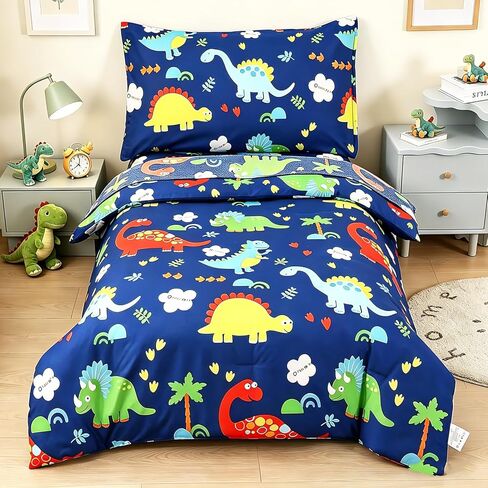 Wowelife Toddler Bedding Sets for Boys, Premium 4 Piece Dinosaur Toddler Comforter Set, Blue Bed-in-a-Bag, Super Soft and Comfortable for Toddler in Saudi Arabia