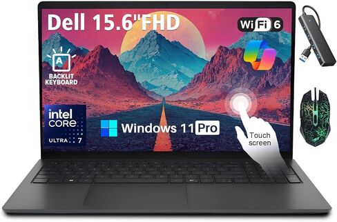 15.6'' FHD Dell Touchscreen Laptop,Intel Ultra 7 255U (Beat i7 150U),Windows 11 Pro Laptop,16 GB DDR5 RAM 1 TB PCle SSD,Intel Graphics|Wi-Fi6|30 FPS RGB Webcam|Backlit KB|AI Copilot Key|Mouse|Hub in Saudi Arabia