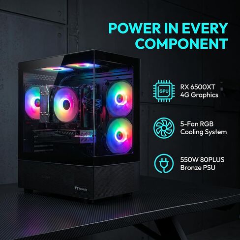 كمبيوتر مكتبي للألعاب، AMD R5 1600، RX 6500XT 4G D6 1024SP، 16 جيجابايت DDR4، 512 جيجابايت M.2 SSD، BX3 550W 80PLUS Bronze PSU، RGB Fan x5، WiFi جاهز ونظام التشغيل Windows 11 Home، أسود in Kuwait