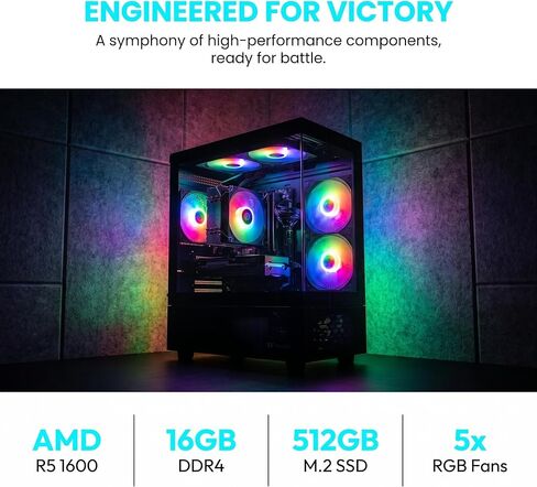 كمبيوتر مكتبي للألعاب، AMD R5 1600، RX 6500XT 4G D6 1024SP، 16 جيجابايت DDR4، 512 جيجابايت M.2 SSD، BX3 550W 80PLUS Bronze PSU، RGB Fan x5، WiFi جاهز ونظام التشغيل Windows 11 Home، أسود in Kuwait