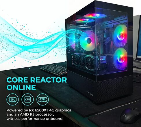 كمبيوتر مكتبي للألعاب، AMD R5 1600، RX 6500XT 4G D6 1024SP، 16 جيجابايت DDR4، 512 جيجابايت M.2 SSD، BX3 550W 80PLUS Bronze PSU، RGB Fan x5، WiFi جاهز ونظام التشغيل Windows 11 Home، أسود in Kuwait