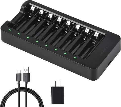 شاحن بطارية AA AAA مع محول 5 فولت 2 أمبير، شاحن ذكي 8 فتحات مع مؤشرات LED، فتحات مستقلة لشاحن USB-C لبطاريات NiMH المزدوجة A وTriple A القابلة لإعادة الشحن (البطاريات غير متضمنة) in Kuwait