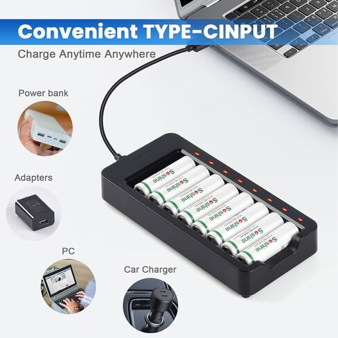 شاحن بطارية AA AAA مع محول 5 فولت 2 أمبير، شاحن ذكي 8 فتحات مع مؤشرات LED، فتحات مستقلة لشاحن USB-C لبطاريات NiMH المزدوجة A وTriple A القابلة لإعادة الشحن (البطاريات غير متضمنة) in Kuwait