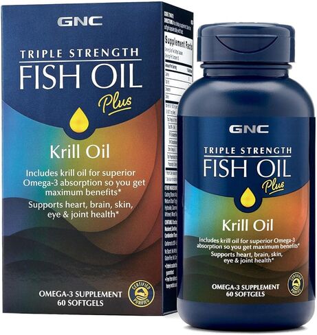 GNC زيت سمك تريبل سترينث بالاضافة الى زيت الكريل | يحتوي على زيت الكريل لامتصاص اوميجا 3 الفائق، يدعم صحة القلب والدماغ والبشرة والعين والمفاصل | 60 كبسولة جيلاتينية in Saudi Arabia