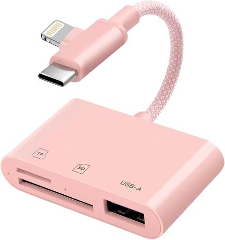 [معتمد من Apple MFi] قارئ بطاقة SD Apple مجدول من النايلون لجهاز iPhone iPad، محول بطاقة USB 3.0 نوع C SD/TF مع موصلات Lightning وUSB C مزدوجة، ذاكرة SD MicroSD USB-A 3 فتحات (وردي) in Kuwait