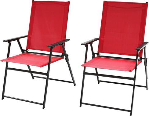 Sling Folding Patio Dining Chairs Set of 2 with High Back and Armrests for Outdoor Camping, Garden - Beige in Saudi Arabia