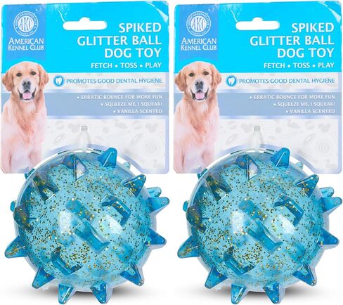 American Kennel Club AKC Spiked Glitter Dog Toys - Squeaky TPR Ball & Ring لصحة الأسنان ، فانيليا معطرة مع ترتد غير منتظم - ألعاب مضغ متينة للكلاب in Kuwait