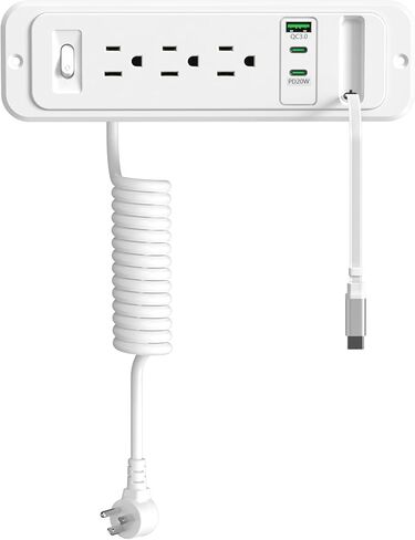 منفذ درج HEZI مع شاحن USB C قابل للسحب بقدرة 20 وات، مدخل مخرج مجوف للأثاث في 3 منافذ تيار متردد و4 منافذ USB، شريط طاقة مثبت على سطح المكتب بطول 6 أقدام سلك أبيض in Kuwait