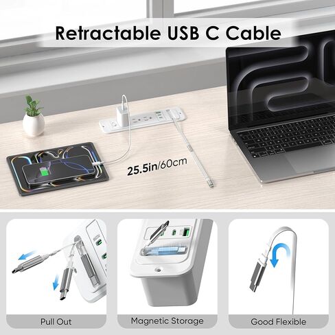 HEZI Drawer Outlet with 20W Retractable USB C Charger, Furniture Recessed Outlet Insert in 3 AC & 4 USB Ports, Flush Mount Power Strip for Desk Countertop 6 FT White Cord in Saudi Arabia