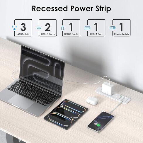 HEZI Drawer Outlet with 20W Retractable USB C Charger, Furniture Recessed Outlet Insert in 3 AC & 4 USB Ports, Flush Mount Power Strip for Desk Countertop 6 FT White Cord in Saudi Arabia