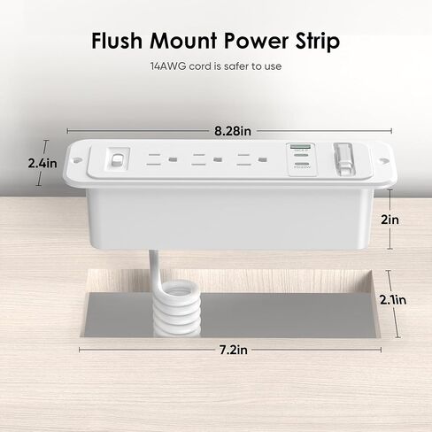 HEZI Drawer Outlet with 20W Retractable USB C Charger, Furniture Recessed Outlet Insert in 3 AC & 4 USB Ports, Flush Mount Power Strip for Desk Countertop 6 FT White Cord in Saudi Arabia