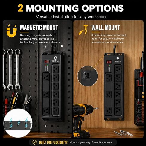 Magnetic Heavy Duty 20A Power Strip with Surge Protector, 9-Outlet Metal Junction Box with 6FT 12/3 Gauge Cord, for Garage, Workshop & Appliance (Black) in Saudi Arabia