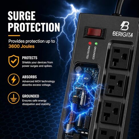 Magnetic Heavy Duty 20A Power Strip with Surge Protector, 9-Outlet Metal Junction Box with 6FT 12/3 Gauge Cord, for Garage, Workshop & Appliance (Black) in Saudi Arabia