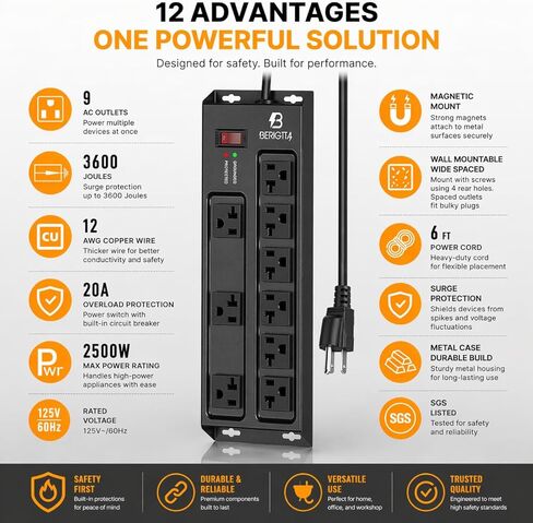 Magnetic Heavy Duty 20A Power Strip with Surge Protector, 9-Outlet Metal Junction Box with 6FT 12/3 Gauge Cord, for Garage, Workshop & Appliance (Black) in Saudi Arabia