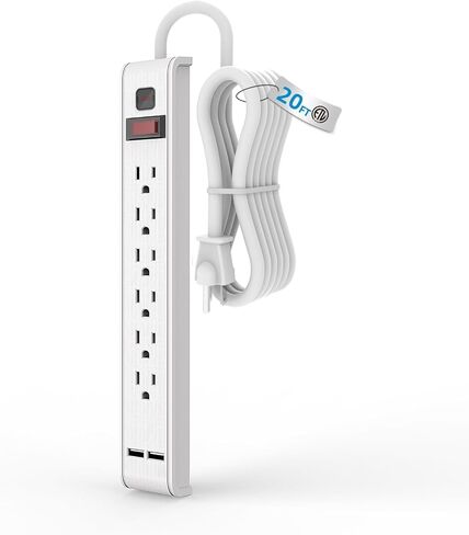 TiFFCOFiO واقي التيار الكهربائي، 6 منافذ مع منفذي USB، سلك تمديد 6 أقدام، 600 جول، قابل للتركيب على الحائط للمنزل والمكتب والنوم، 15 أمبير/1875 وات، مدرج في قائمة ETL (20 قدم) in Kuwait