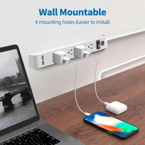 TiFFCOFiO واقي التيار الكهربائي، 6 منافذ مع منفذي USB، سلك تمديد 6 أقدام، 600 جول، قابل للتركيب على الحائط للمنزل والمكتب والنوم، 15 أمبير/1875 وات، مدرج في قائمة ETL (20 قدم) in Kuwait