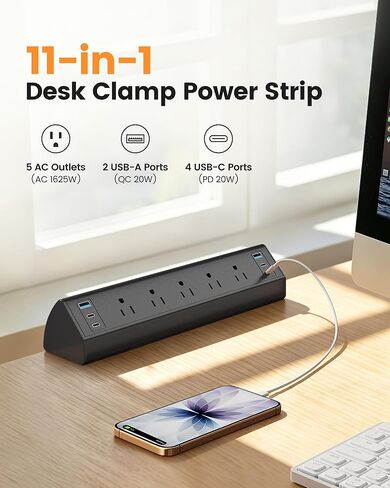 SURAIELEC Desk Clamp Power Strip with 5 Outlets, 40W Total Fast Charging Station, 4 PD 20W USB-C & 2 USB-A Ports, 900J Surge Protector, Fit 1.97 in Desk Edge Mount, 45° Flag Plug, 6 ft Extension Cord in Saudi Arabia