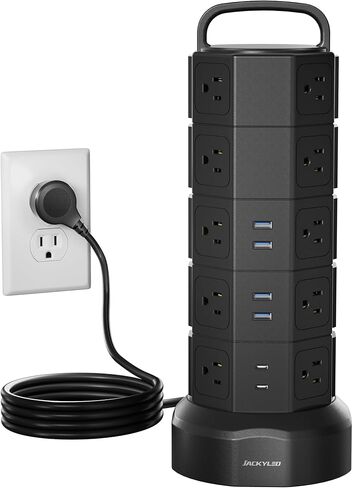 برج شريط الطاقة، 20 منفذ تيار متردد، 6 منافذ USB (2 USB C)، واقي من زيادة التيار 1050J، محطة شحن سطح المكتب 13 أمبير، سلك تمديد عالي التحمل بطول 6.5 قدم مع منافذ متعددة لمرآب المكاتب المنزلية، أسود in Kuwait