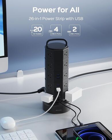 برج شريط الطاقة، 20 منفذ تيار متردد، 6 منافذ USB (2 USB C)، واقي من زيادة التيار 1050J، محطة شحن سطح المكتب 13 أمبير، سلك تمديد عالي التحمل بطول 6.5 قدم مع منافذ متعددة لمرآب المكاتب المنزلية، أسود in Kuwait