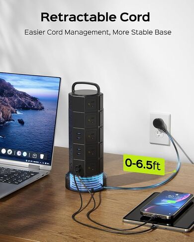 برج شريط الطاقة، 20 منفذ تيار متردد، 6 منافذ USB (2 USB C)، واقي من زيادة التيار 1050J، محطة شحن سطح المكتب 13 أمبير، سلك تمديد عالي التحمل بطول 6.5 قدم مع منافذ متعددة لمرآب المكاتب المنزلية، أسود in Kuwait