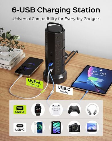 برج شريط الطاقة، 20 منفذ تيار متردد، 6 منافذ USB (2 USB C)، واقي من زيادة التيار 1050J، محطة شحن سطح المكتب 13 أمبير، سلك تمديد عالي التحمل بطول 6.5 قدم مع منافذ متعددة لمرآب المكاتب المنزلية، أسود in Kuwait