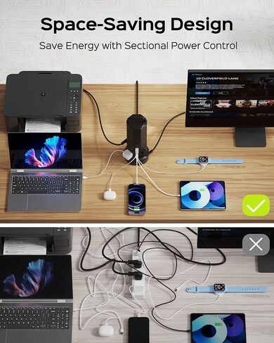 برج شريط الطاقة، 20 منفذ تيار متردد، 6 منافذ USB (2 USB C)، واقي من زيادة التيار 1050J، محطة شحن سطح المكتب 13 أمبير، سلك تمديد عالي التحمل بطول 6.5 قدم مع منافذ متعددة لمرآب المكاتب المنزلية، أسود in Kuwait