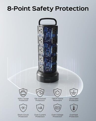 برج شريط الطاقة، 20 منفذ تيار متردد، 6 منافذ USB (2 USB C)، واقي من زيادة التيار 1050J، محطة شحن سطح المكتب 13 أمبير، سلك تمديد عالي التحمل بطول 6.5 قدم مع منافذ متعددة لمرآب المكاتب المنزلية، أسود in Kuwait