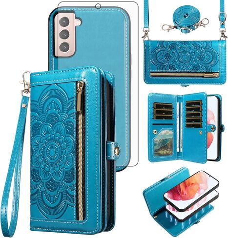 Asuwish Phone Case for Samsung Galaxy S21 5G 6.2 inch Zipper Wallet Magnetic Detachable Cell Cover with Tempered Glass Screen Protector Crossbody Strap Flower Credit Card Holder S 21 21S G5 Women Blue in Saudi Arabia