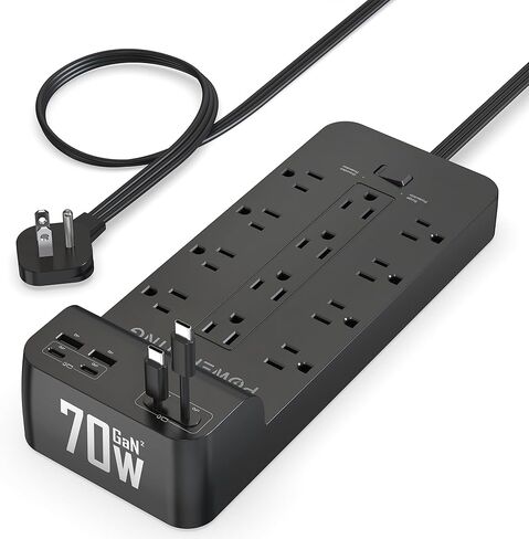 Power Strip with USB Ports | 18-in-1 2100J Surge Protector | 70W Gan Retractable USB C Cables,12 AC Outlets,2 USB C & 2 USB A Ports | 5ft Extension Cord, Flat Plug & Wall Mount |Dorm Room Essentials in Saudi Arabia