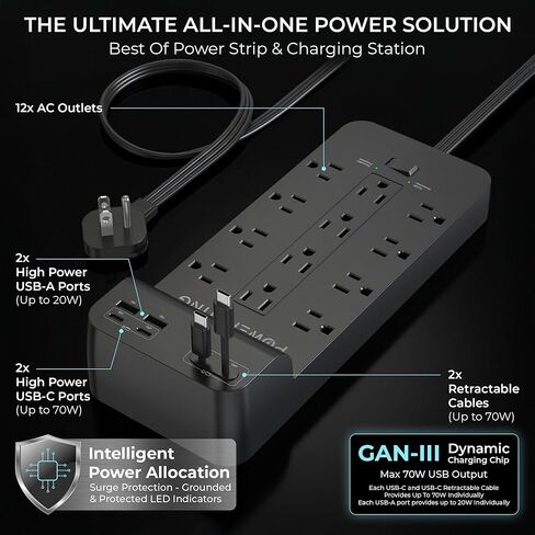 Power Strip with USB Ports | 18-in-1 2100J Surge Protector | 70W Gan Retractable USB C Cables,12 AC Outlets,2 USB C & 2 USB A Ports | 5ft Extension Cord, Flat Plug & Wall Mount |Dorm Room Essentials in Saudi Arabia