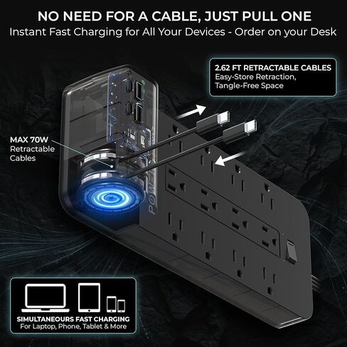 Power Strip with USB Ports | 18-in-1 2100J Surge Protector | 70W Gan Retractable USB C Cables,12 AC Outlets,2 USB C & 2 USB A Ports | 5ft Extension Cord, Flat Plug & Wall Mount |Dorm Room Essentials in Saudi Arabia