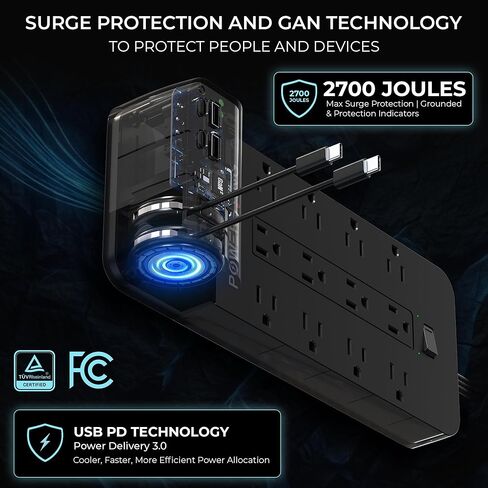 Power Strip with USB Ports | 18-in-1 2100J Surge Protector | 70W Gan Retractable USB C Cables,12 AC Outlets,2 USB C & 2 USB A Ports | 5ft Extension Cord, Flat Plug & Wall Mount |Dorm Room Essentials in Saudi Arabia