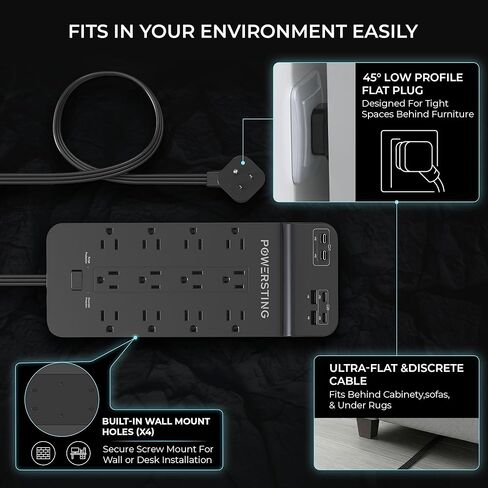 Power Strip with USB Ports | 18-in-1 2100J Surge Protector | 70W Gan Retractable USB C Cables,12 AC Outlets,2 USB C & 2 USB A Ports | 5ft Extension Cord, Flat Plug & Wall Mount |Dorm Room Essentials in Saudi Arabia
