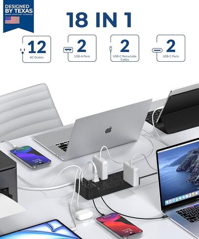 Power Strip with USB Ports | 18-in-1 2100J Surge Protector | 70W Gan Retractable USB C Cables,12 AC Outlets,2 USB C & 2 USB A Ports | 5ft Extension Cord, Flat Plug & Wall Mount |Dorm Room Essentials in Saudi Arabia
