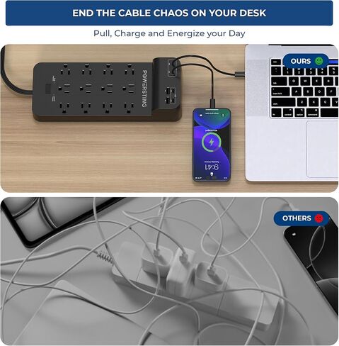 Power Strip with USB Ports | 18-in-1 2100J Surge Protector | 70W Gan Retractable USB C Cables,12 AC Outlets,2 USB C & 2 USB A Ports | 5ft Extension Cord, Flat Plug & Wall Mount |Dorm Room Essentials in Saudi Arabia
