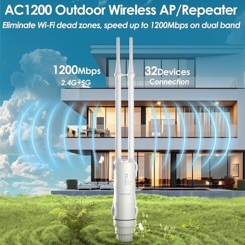 AC1200 WAVLINK Outdoor WiFi Extender, Weatherproof Outdoor WiFi Repeater Extender Signal Booster with POE, Dual Band 2.4/5GHz, Support AP/Repeater/Router Mode, for Yard/Patio/Rural Areas in Saudi Arabia