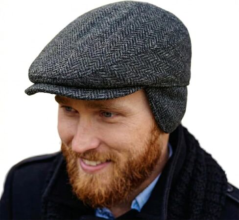 Biddy Murphy Irish Newsboy Flat Cap for Men, Tuck-Away Ear Flaps Slim Fit 100% Wool, Imported in Saudi Arabia