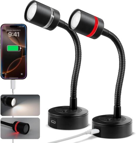 acegoo 12V LED Reading Light, RV Dimmable Reading Lamp with 20W USB-C Charger Red Nightlight & Steel Flexible Neck Light for Boat Camper Van Trailer Interior, Surface Mount, 2-Pack (Standard) in Saudi Arabia