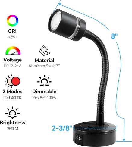 acegoo 12V LED Reading Light, RV Dimmable Reading Lamp with 20W USB-C Charger Red Nightlight & Steel Flexible Neck Light for Boat Camper Van Trailer Interior, Surface Mount, 2-Pack (Standard) in Saudi Arabia