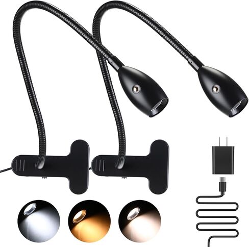 VIHOSE 2 Pcs LED Clip on Reading Light for Bed Headboard, 3 Color Dimmable Stepless Book Light with Flexible Gooseneck Clamp Desk Lamp for Reading with USB for Bedroom, Dorms, Office, Studio (Black) in Saudi Arabia