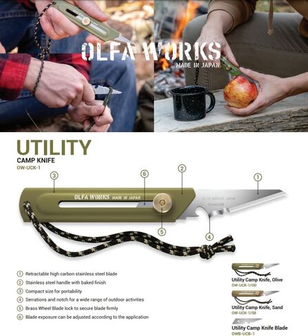 OLFA WORKS OW-UCK-1/SB Camp Knife High Carbon Stainless Steel Blade - Multipurpose Outdoor Knife, Great for Camping Activities - Brass Wheel Lock, Replacement Blade: OWB-UCB-1 (Sand) in Saudi Arabia