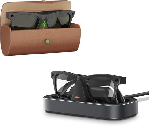 مجموعة شحن لنظارات Meta RayBan - حزمة طاقة ممتدة، علبة شحن 3500 مللي أمبير في الساعة ومحطة شحن ثابتة لنظارات Wayfarer وSkyler وHeadliner وOakley HSTN (كراميل ورمادي فلكي) in Kuwait