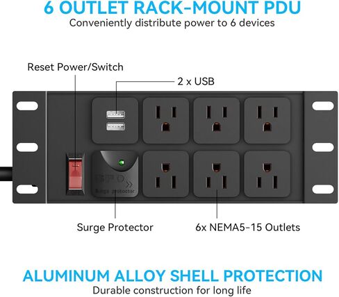 حامل PDU- 2U (6 منافذ)، وحدة توزيع طاقة الحامل مع حماية من زيادة التيار 1020J (كابل 125 فولت/15 أمبير 14AWG بطول 6 أقدام) و2 USB-A، حامل حامل لـ 10 ملحقات حامل خادم صغير، خزائن الشبكة/الرف/ذاتي in Kuwait