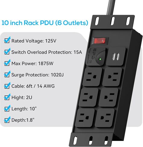 حامل PDU- 2U (6 منافذ)، وحدة توزيع طاقة الحامل مع حماية من زيادة التيار 1020J (كابل 125 فولت/15 أمبير 14AWG بطول 6 أقدام) و2 USB-A، حامل حامل لـ 10 ملحقات حامل خادم صغير، خزائن الشبكة/الرف/ذاتي in Kuwait