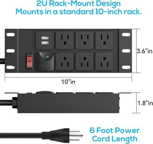حامل PDU- 2U (6 منافذ)، وحدة توزيع طاقة الحامل مع حماية من زيادة التيار 1020J (كابل 125 فولت/15 أمبير 14AWG بطول 6 أقدام) و2 USB-A، حامل حامل لـ 10 ملحقات حامل خادم صغير، خزائن الشبكة/الرف/ذاتي in Kuwait